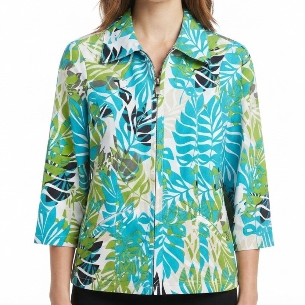 Chico's Additions Zip Up Shacket Womens Size 0 Small Tropical Leaf Print